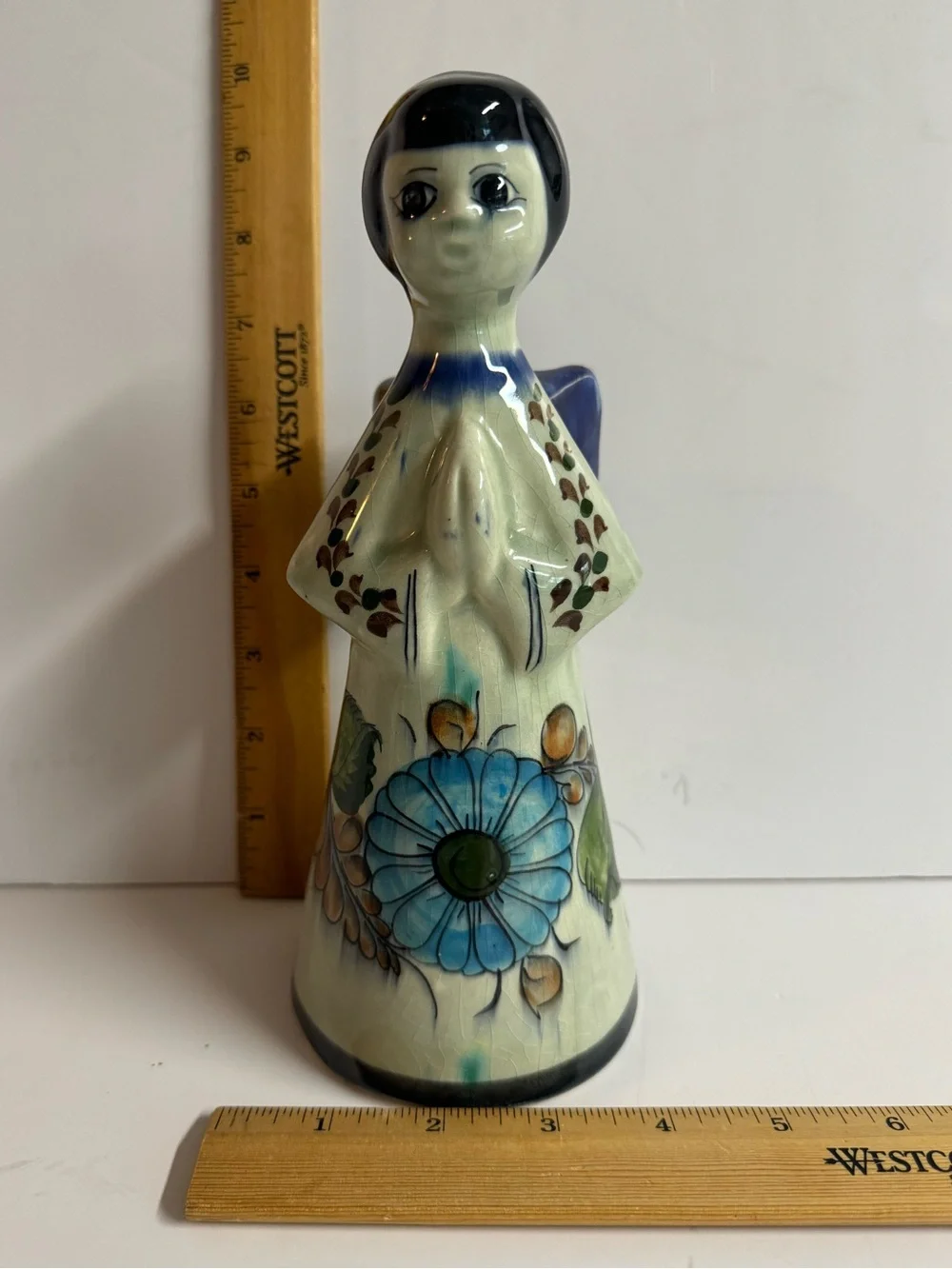 Vintage 1960s CAT Signed Tonala Pottery Angel Candle Holder.Gray + Blue Folk Art
